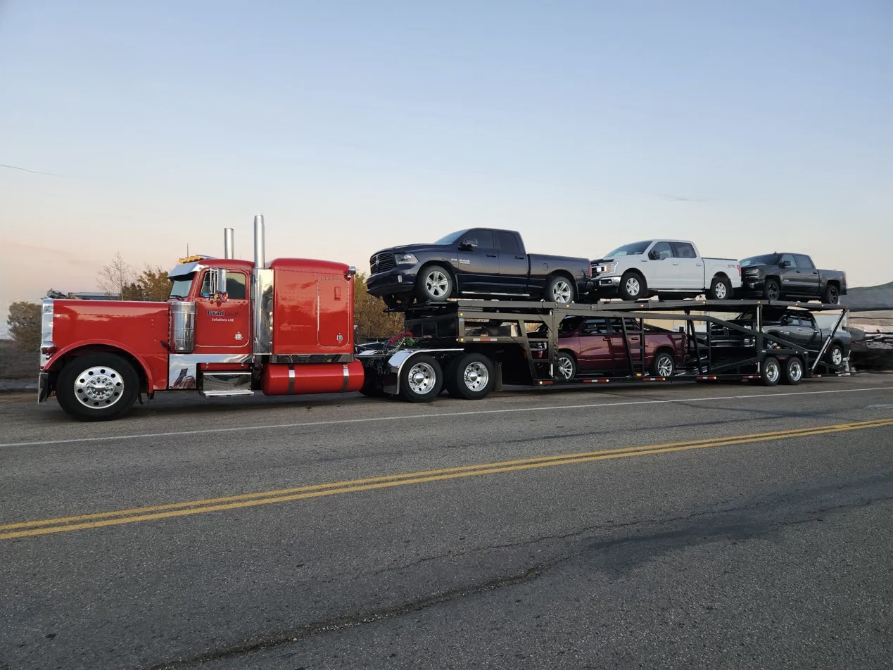 BradLeigh Solutions car hauler loaded with vehicles at dusk